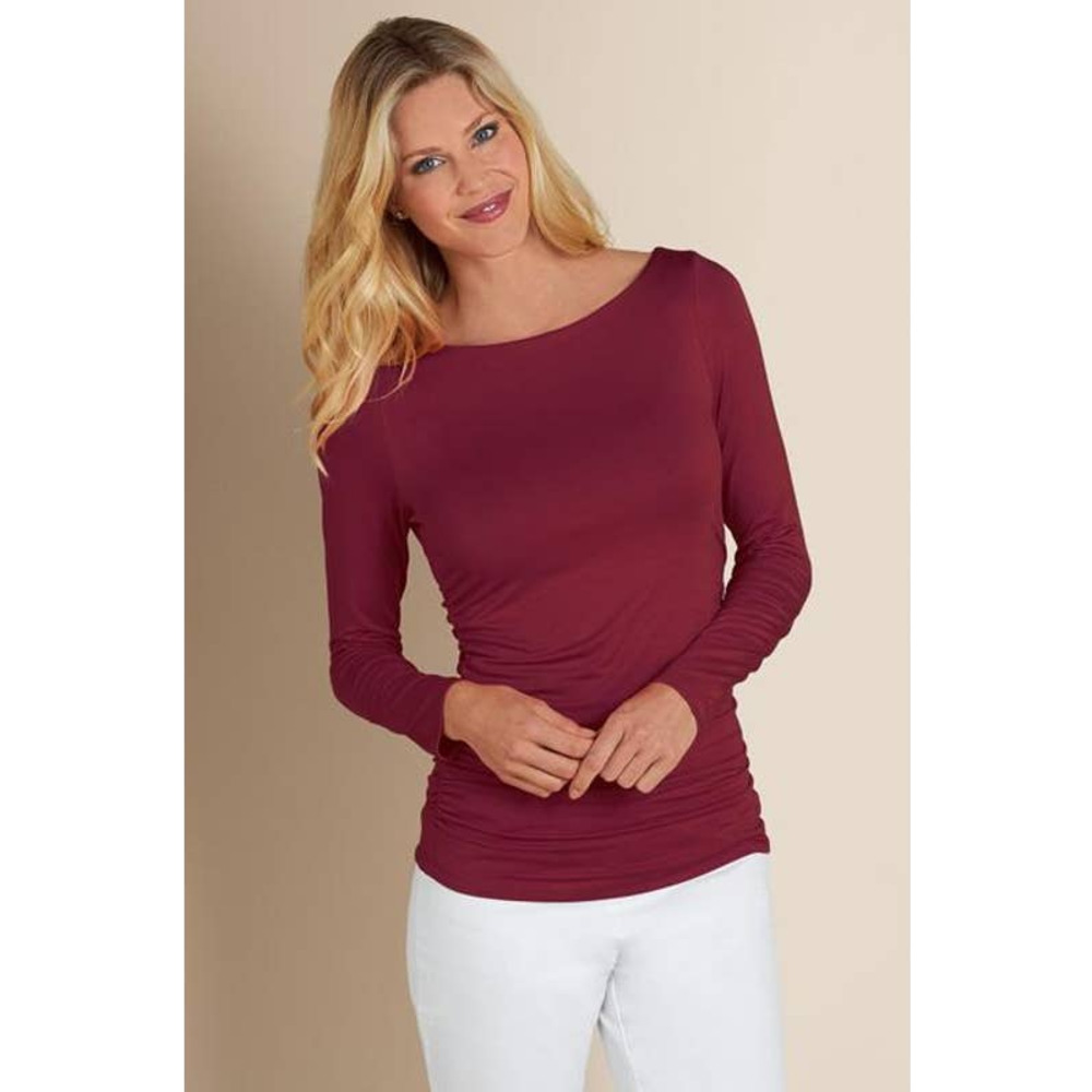 Soft Surroundings Complimentary Ruched Top Long Sleeve Small Round Neck Maroon